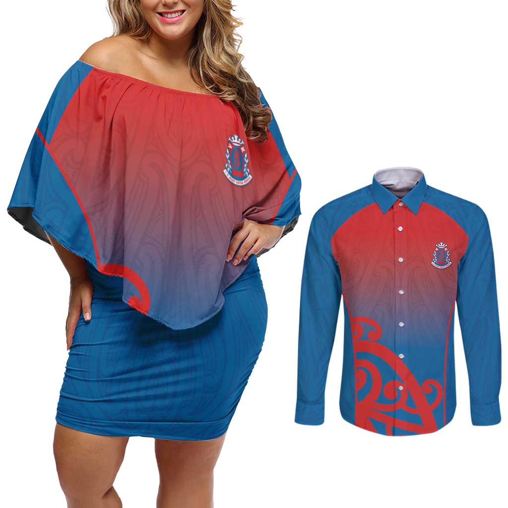 Custom St Joseph's Maori Girls' College Couples Matching Off Shoulder Short Dress and Long Sleeve Button Shirt Maori Koru Pattern LT05 Blue - Polynesian Pride