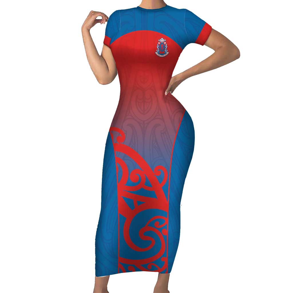 Custom St Joseph's Maori Girls' College Short Sleeve Bodycon Dress Maori Koru Pattern LT05 Long Dress Blue - Polynesian Pride