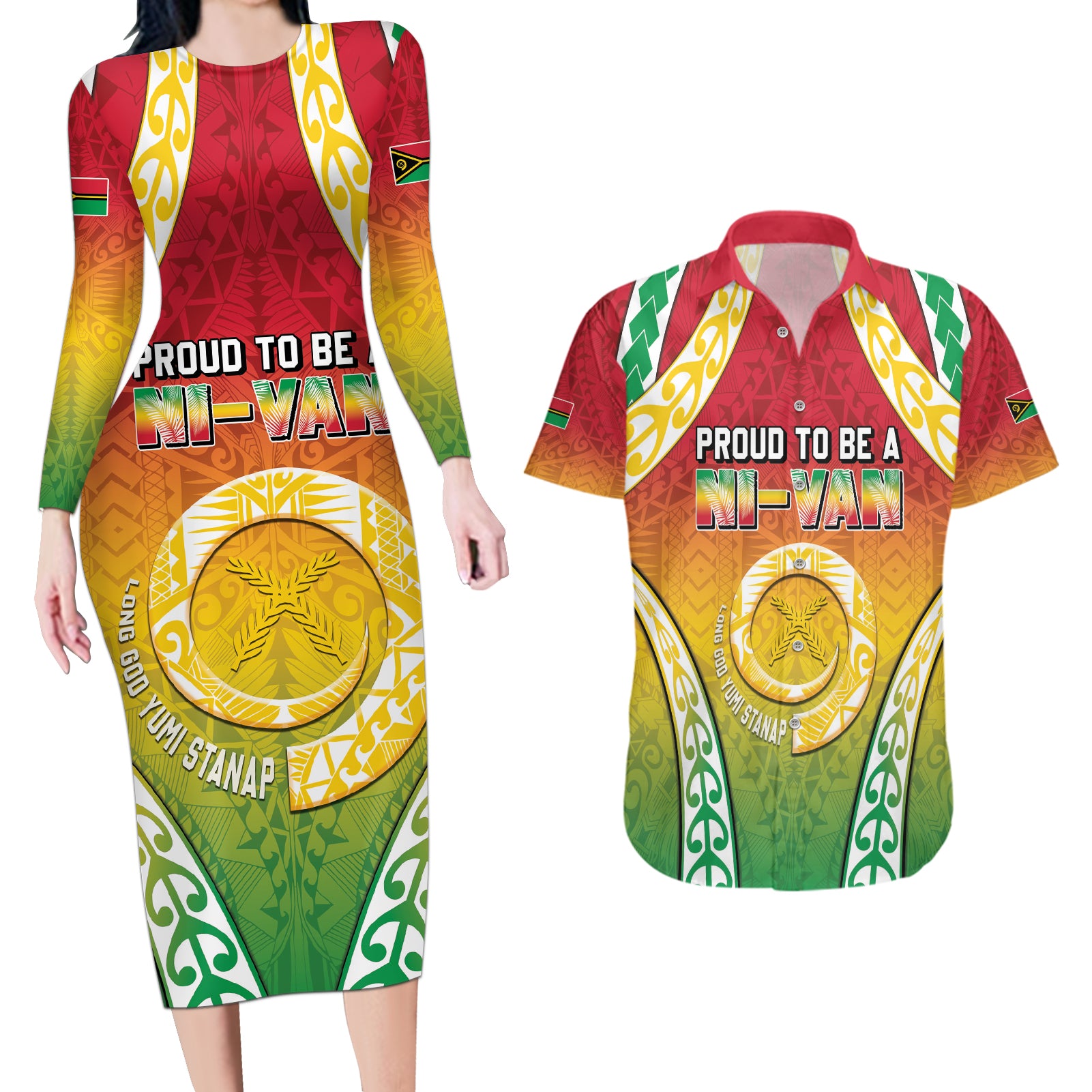 Personalised Vanuatu Couples Matching Long Sleeve Bodycon Dress and Hawaiian Shirt Proud To Be A Ni-Van With Tribal Pattern