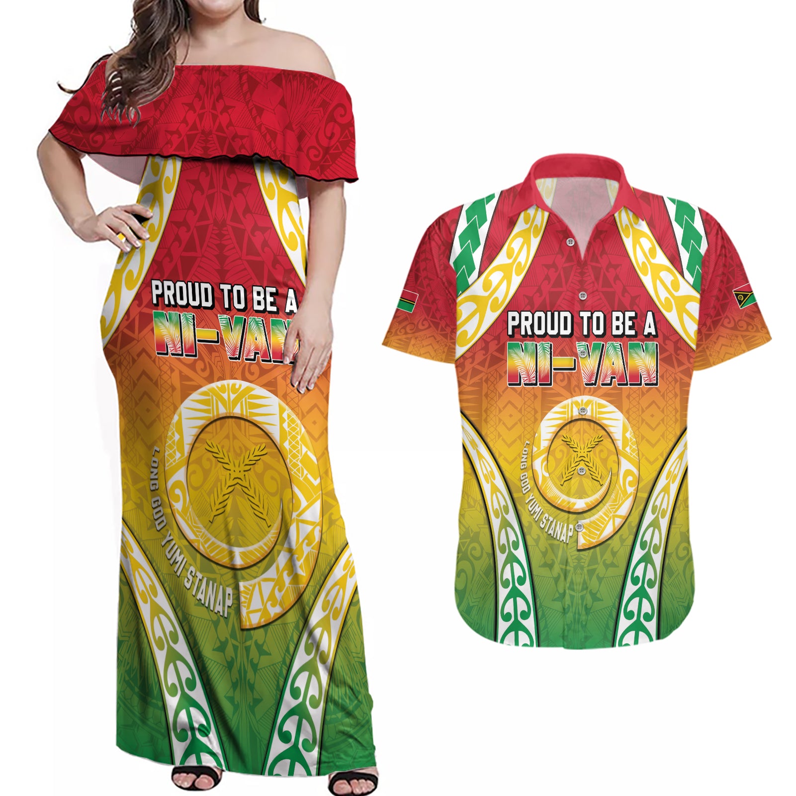 Personalised Vanuatu Couples Matching Off Shoulder Maxi Dress and Hawaiian Shirt Proud To Be A Ni-Van With Tribal Pattern