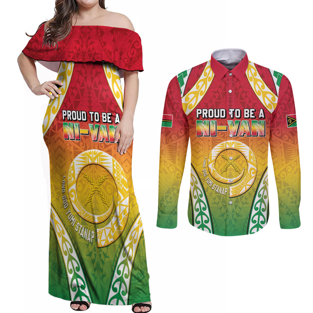 Personalised Vanuatu Couples Matching Off Shoulder Maxi Dress and Long Sleeve Button Shirt Proud To Be A Ni-Van With Tribal Pattern LT05 Reggae - Polynesian Pride