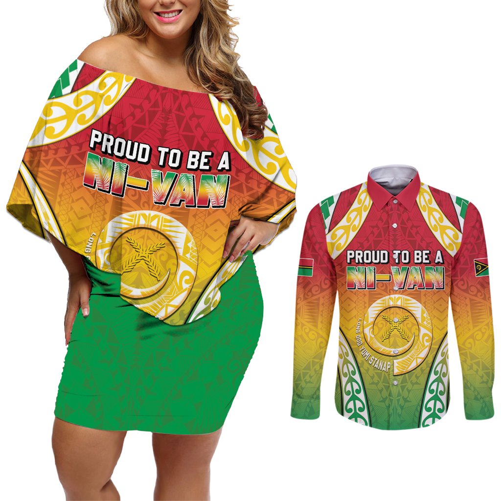 Personalised Vanuatu Couples Matching Off Shoulder Short Dress and Long Sleeve Button Shirt Proud To Be A Ni-Van With Tribal Pattern LT05 Reggae - Polynesian Pride