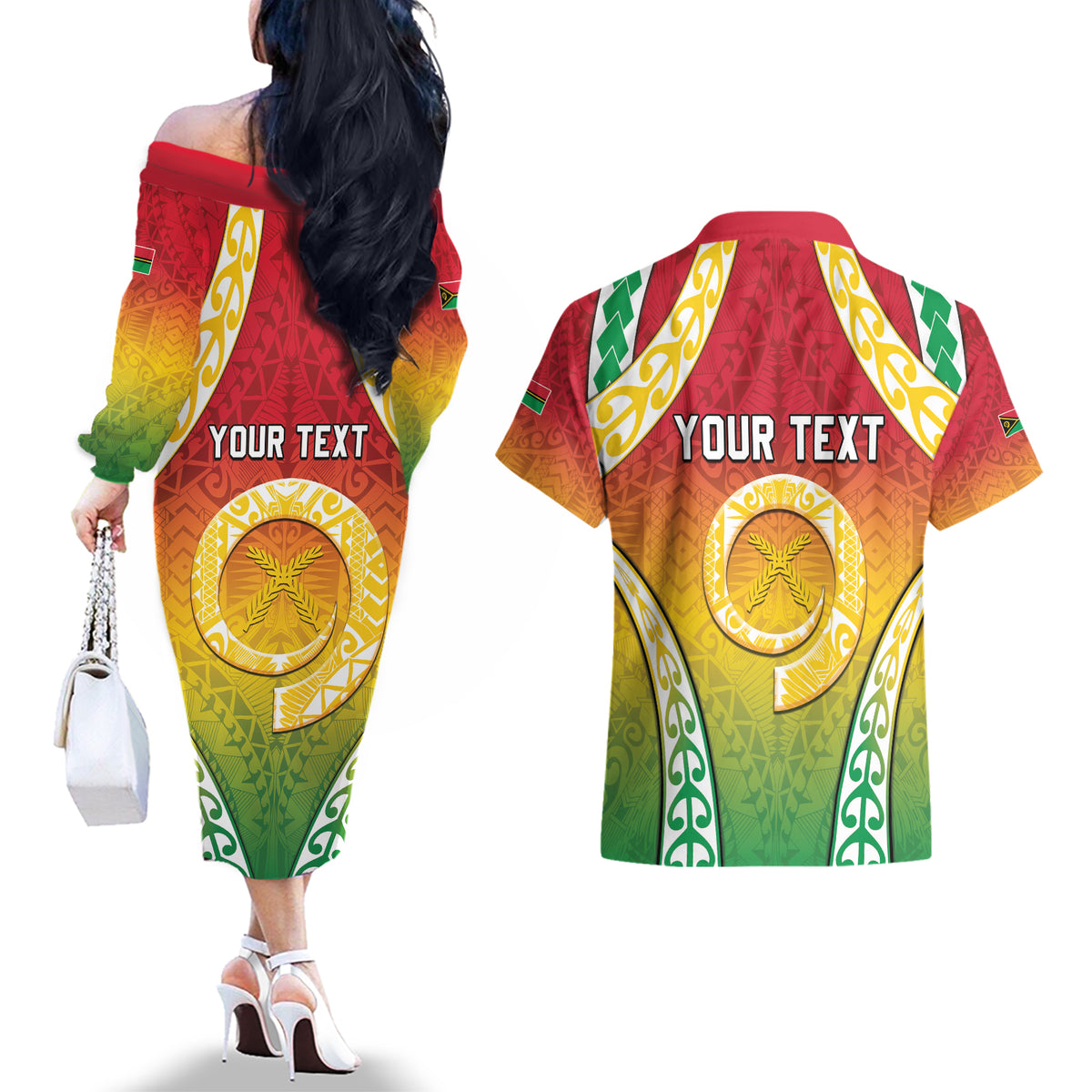 Personalised Vanuatu Couples Matching Off The Shoulder Long Sleeve Dress and Hawaiian Shirt Proud To Be A Ni-Van With Tribal Pattern