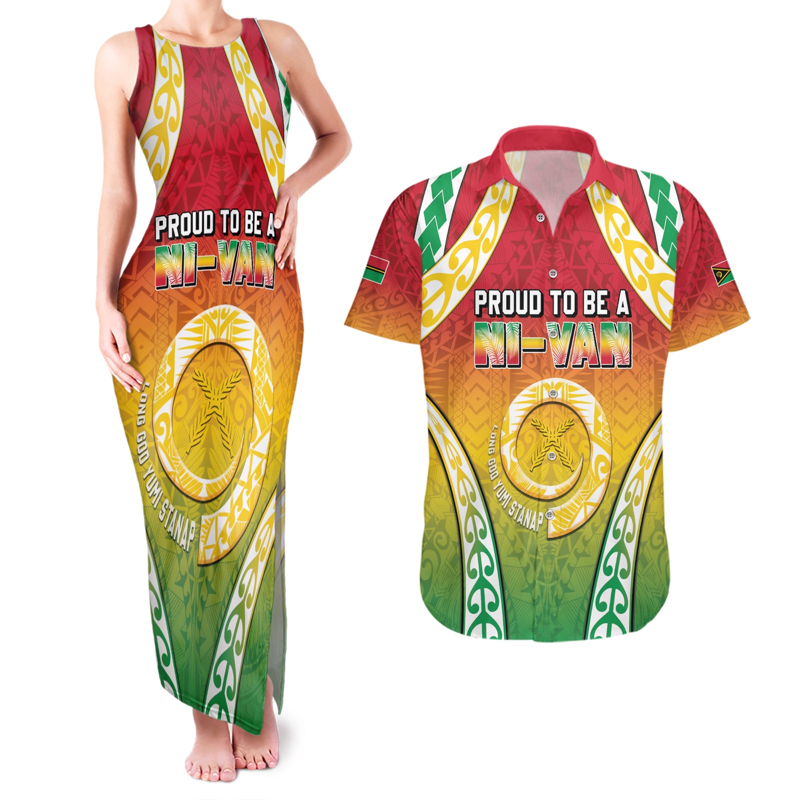 Personalised Vanuatu Couples Matching Tank Maxi Dress and Hawaiian Shirt Proud To Be A Ni-Van With Tribal Pattern LT05 Reggae - Polynesian Pride