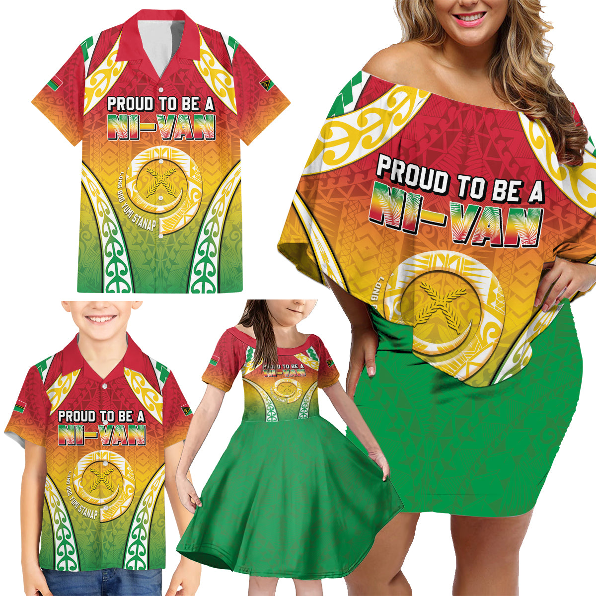 Personalised Vanuatu Family Matching Off Shoulder Short Dress and Hawaiian Shirt Proud To Be A Ni-Van With Tribal Pattern