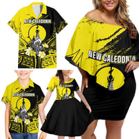 Personalised New Caledonia Day Family Matching Off Shoulder Short Dress and Hawaiian Shirt Kanaky Flag Coat Of Arms Polynesian Pattern