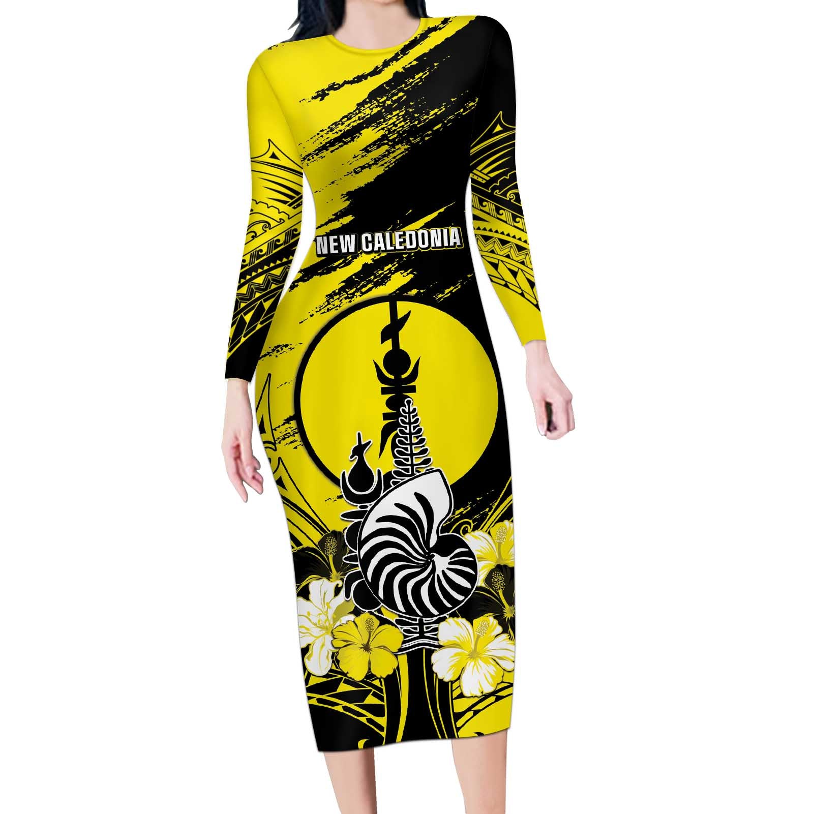 Personalised New Caledonia Day Long Sleeve Bodycon Dress Kanaky Flag Coat Of Arms Polynesian Pattern