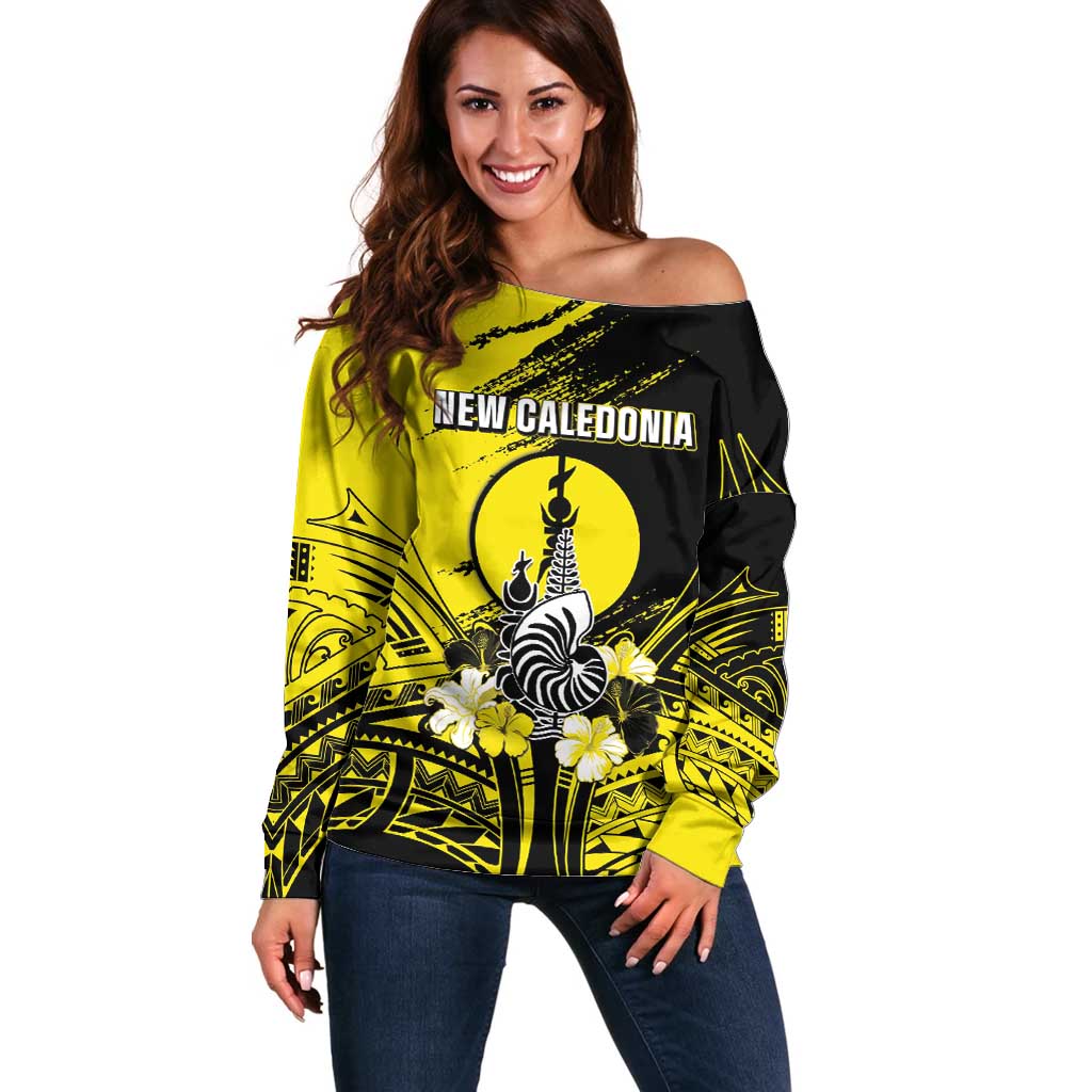 Personalised New Caledonia Day Off Shoulder Sweater Kanaky Flag Coat Of Arms Polynesian Pattern