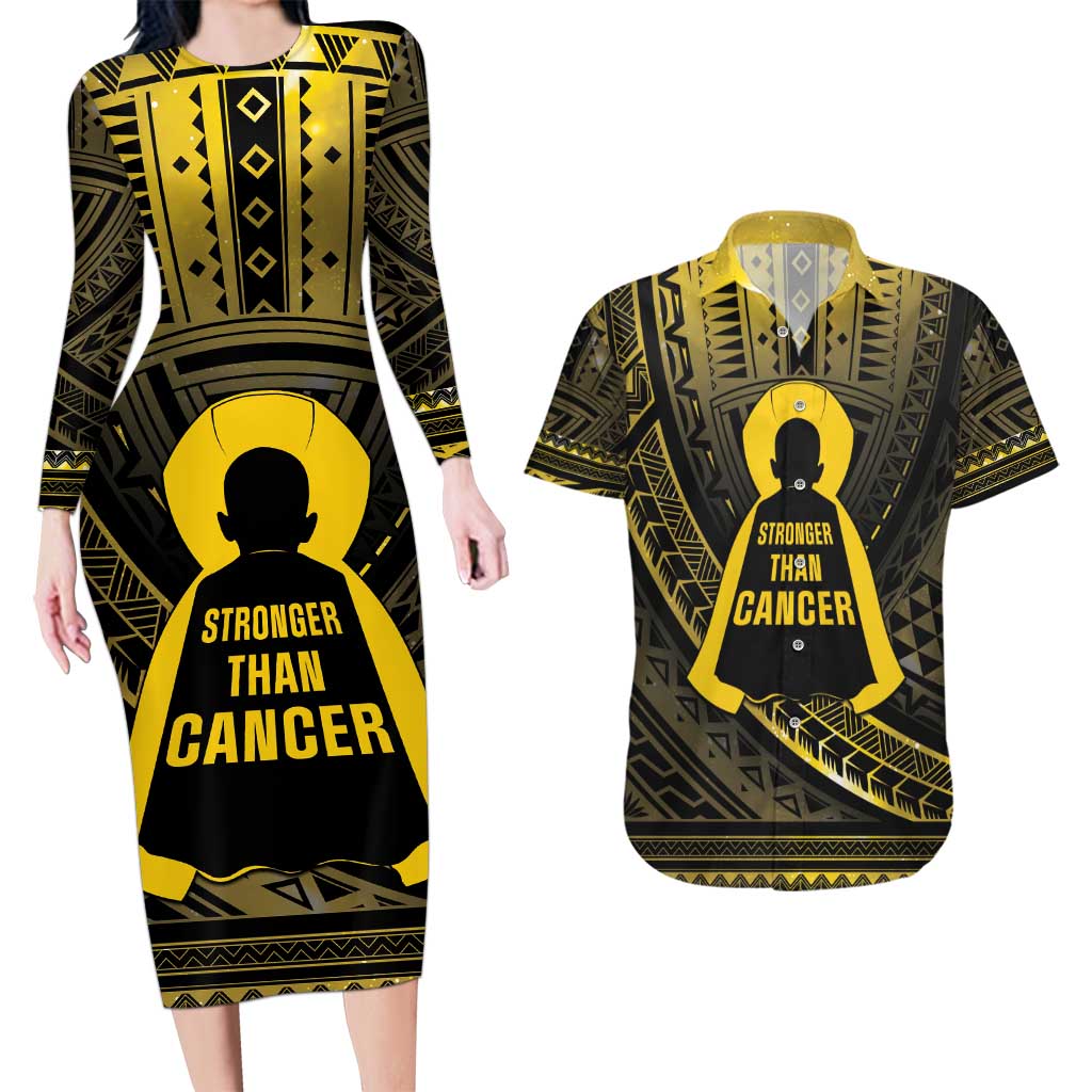 Personalised Polynesia Childhood Cancer Awareness Couples Matching Long Sleeve Bodycon Dress and Hawaiian Shirt You Are Stronger Than Cancer LT05 Black - Polynesian Pride