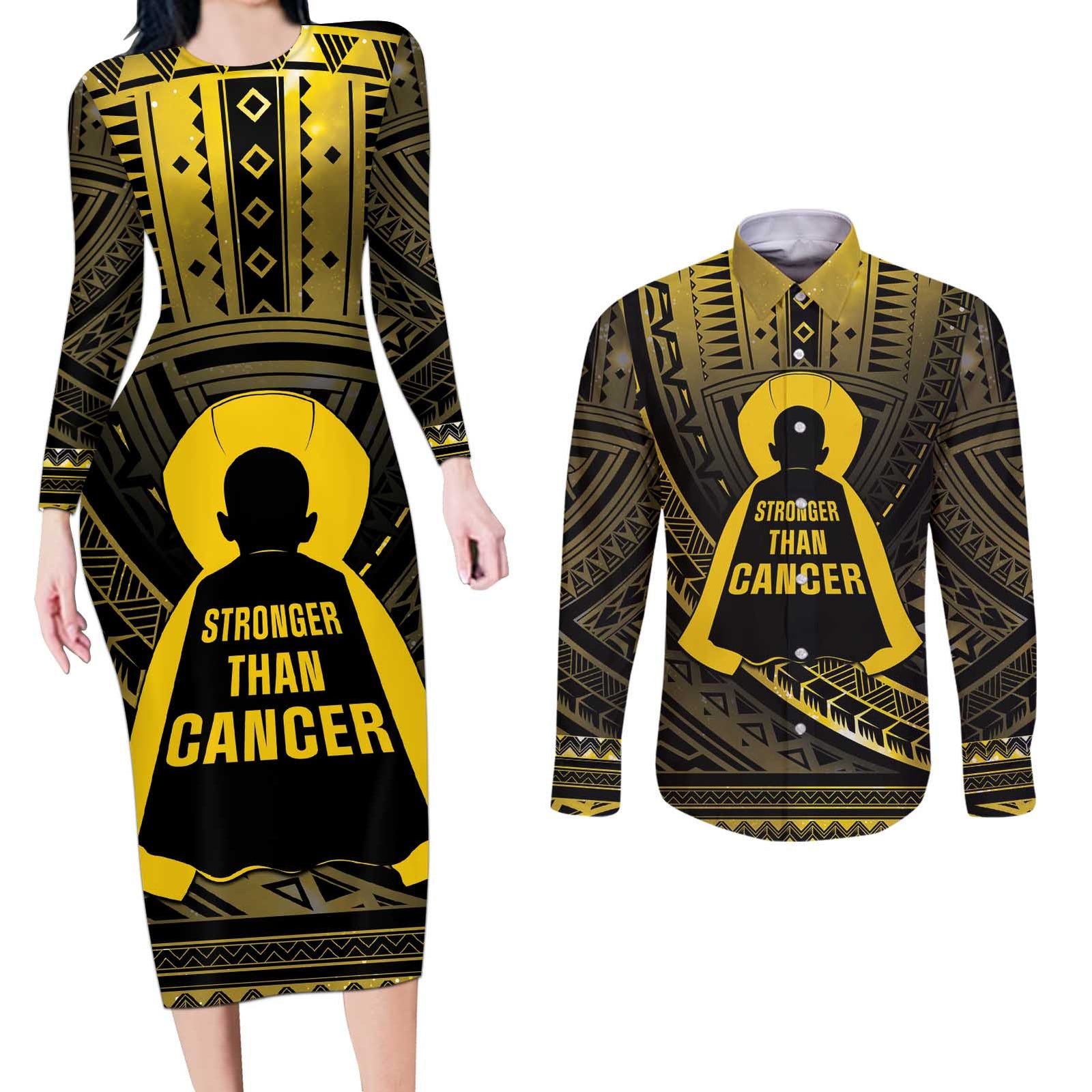 Personalised Polynesia Childhood Cancer Awareness Couples Matching Long Sleeve Bodycon Dress and Long Sleeve Button Shirt You Are Stronger Than Cancer LT05 Black - Polynesian Pride