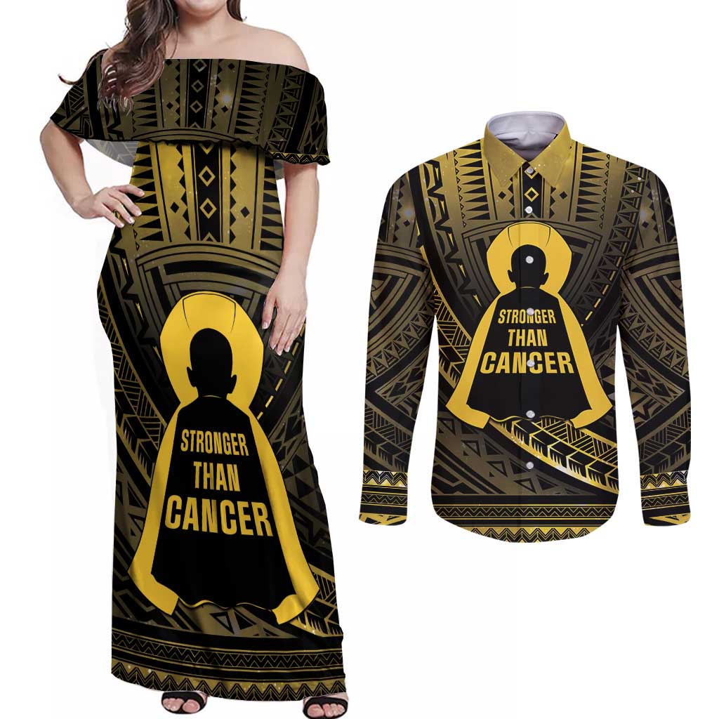 Personalised Polynesia Childhood Cancer Awareness Couples Matching Off Shoulder Maxi Dress and Long Sleeve Button Shirt You Are Stronger Than Cancer LT05 Black - Polynesian Pride