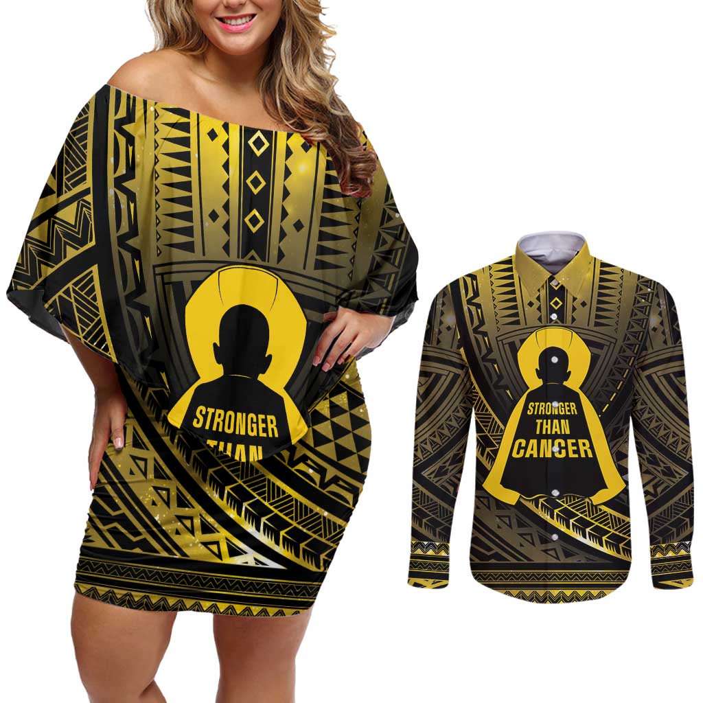 Personalised Polynesia Childhood Cancer Awareness Couples Matching Off Shoulder Short Dress and Long Sleeve Button Shirt You Are Stronger Than Cancer LT05 Black - Polynesian Pride