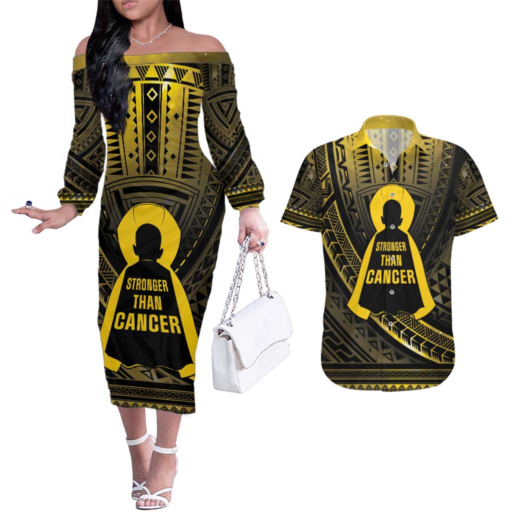 Personalised Polynesia Childhood Cancer Awareness Couples Matching Off The Shoulder Long Sleeve Dress and Hawaiian Shirt You Are Stronger Than Cancer LT05 Black - Polynesian Pride