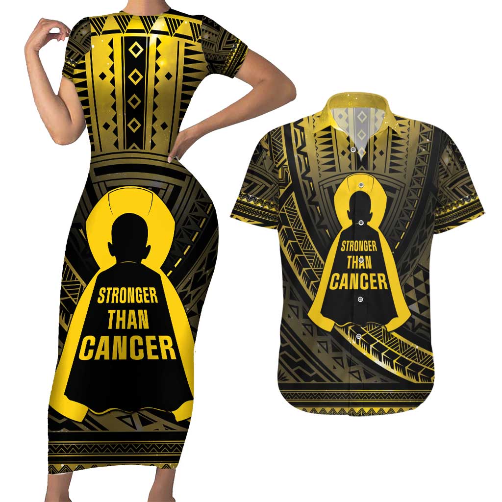 Personalised Polynesia Childhood Cancer Awareness Couples Matching Short Sleeve Bodycon Dress and Hawaiian Shirt You Are Stronger Than Cancer LT05 Black - Polynesian Pride