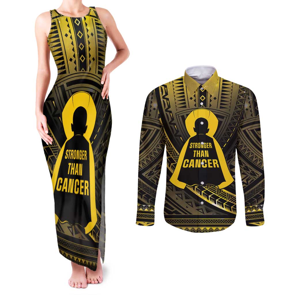 Personalised Polynesia Childhood Cancer Awareness Couples Matching Tank Maxi Dress and Long Sleeve Button Shirt You Are Stronger Than Cancer LT05 Black - Polynesian Pride