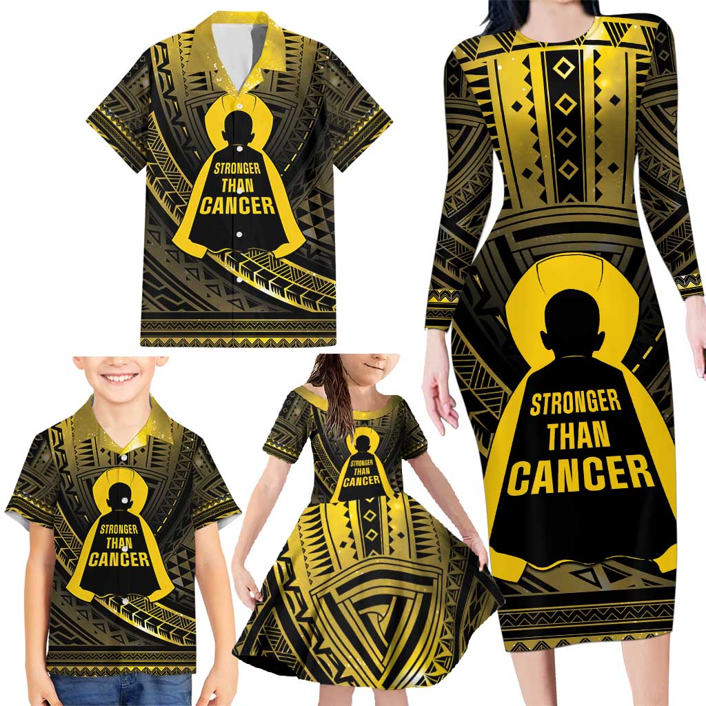 Personalised Polynesia Childhood Cancer Awareness Family Matching Long Sleeve Bodycon Dress and Hawaiian Shirt You Are Stronger Than Cancer