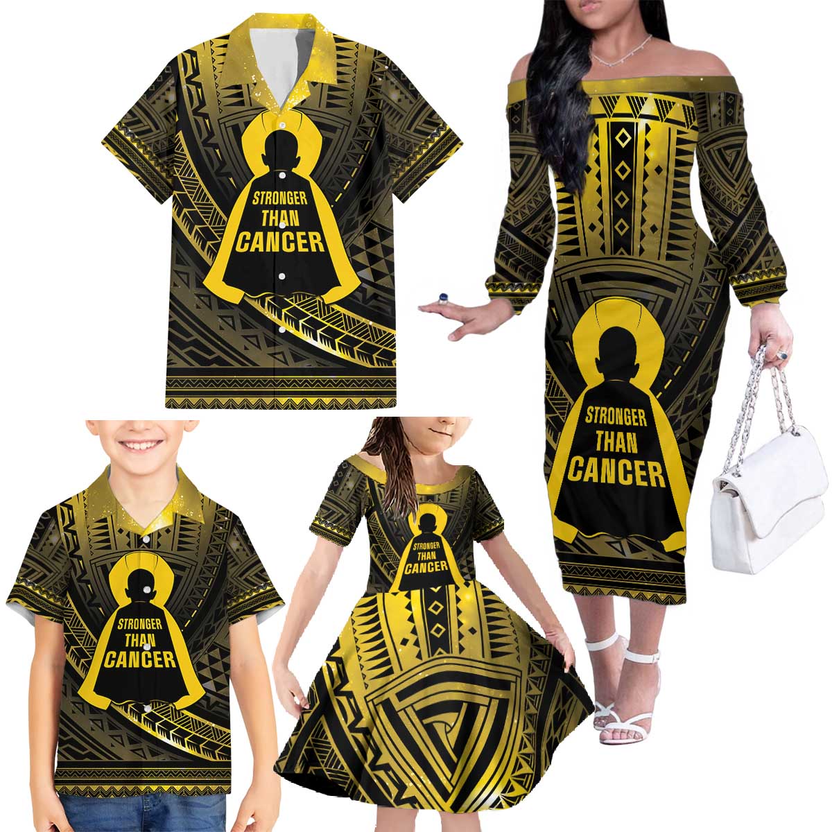 Personalised Polynesia Childhood Cancer Awareness Family Matching Off The Shoulder Long Sleeve Dress and Hawaiian Shirt You Are Stronger Than Cancer