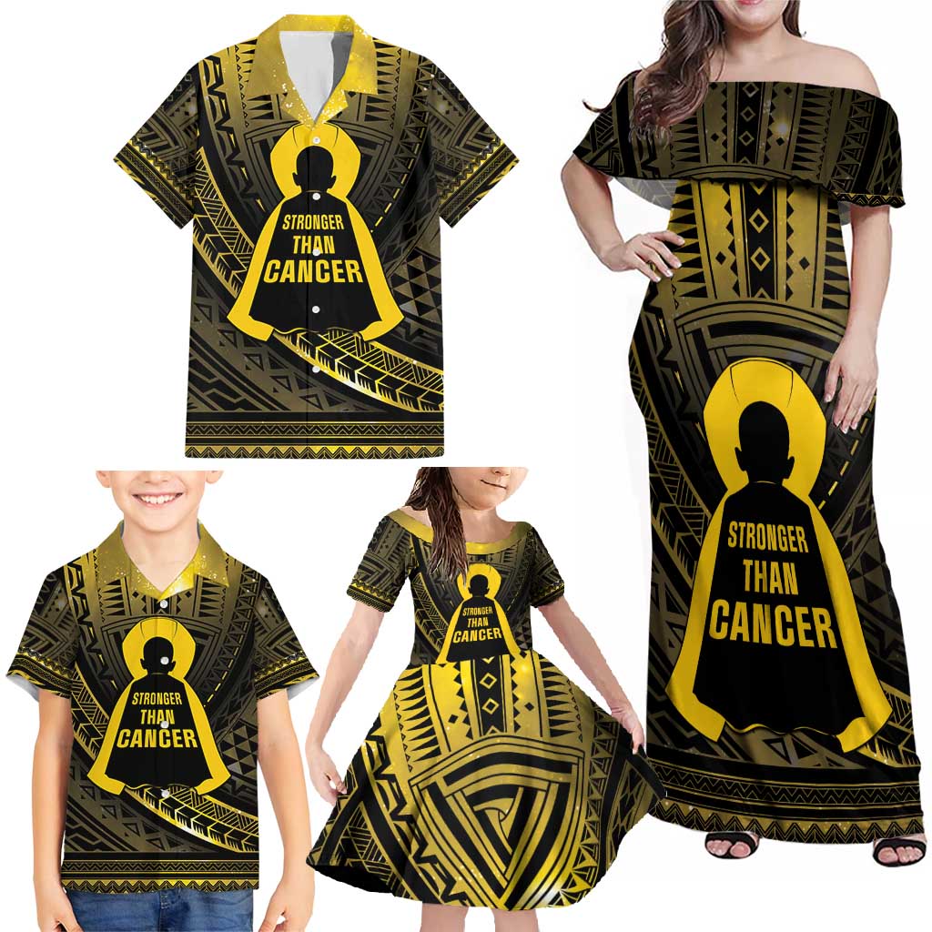 Personalised Polynesia Childhood Cancer Awareness Family Matching Off Shoulder Maxi Dress and Hawaiian Shirt You Are Stronger Than Cancer