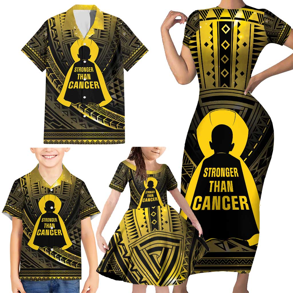 Personalised Polynesia Childhood Cancer Awareness Family Matching Short Sleeve Bodycon Dress and Hawaiian Shirt You Are Stronger Than Cancer