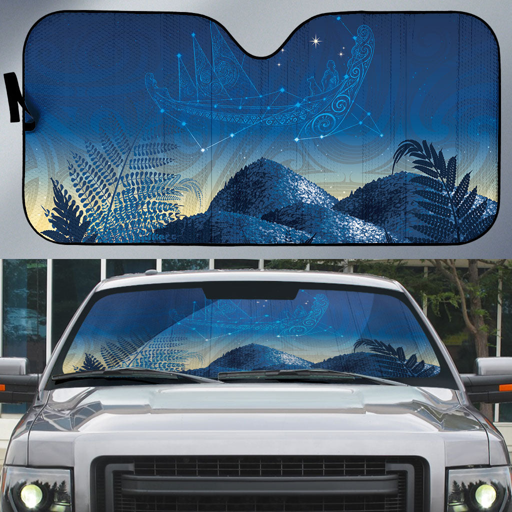 New Zealand Matariki Auto Sun Shade Maori Waka With Silver Fern LT05 Navy - Polynesian Pride