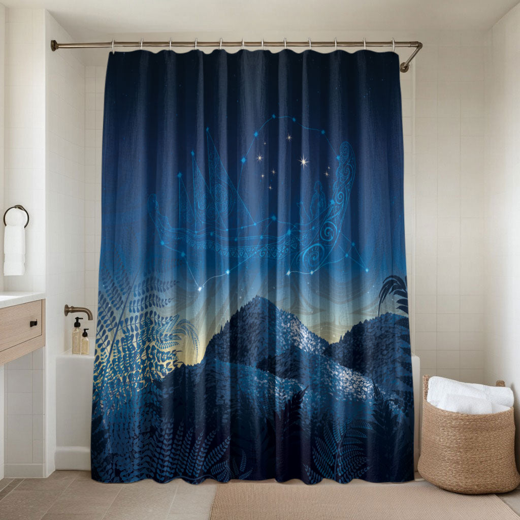 New Zealand Matariki Bathroom Set Maori Waka With Silver Fern LT05 Shower Curtain Only Navy - Polynesian Pride
