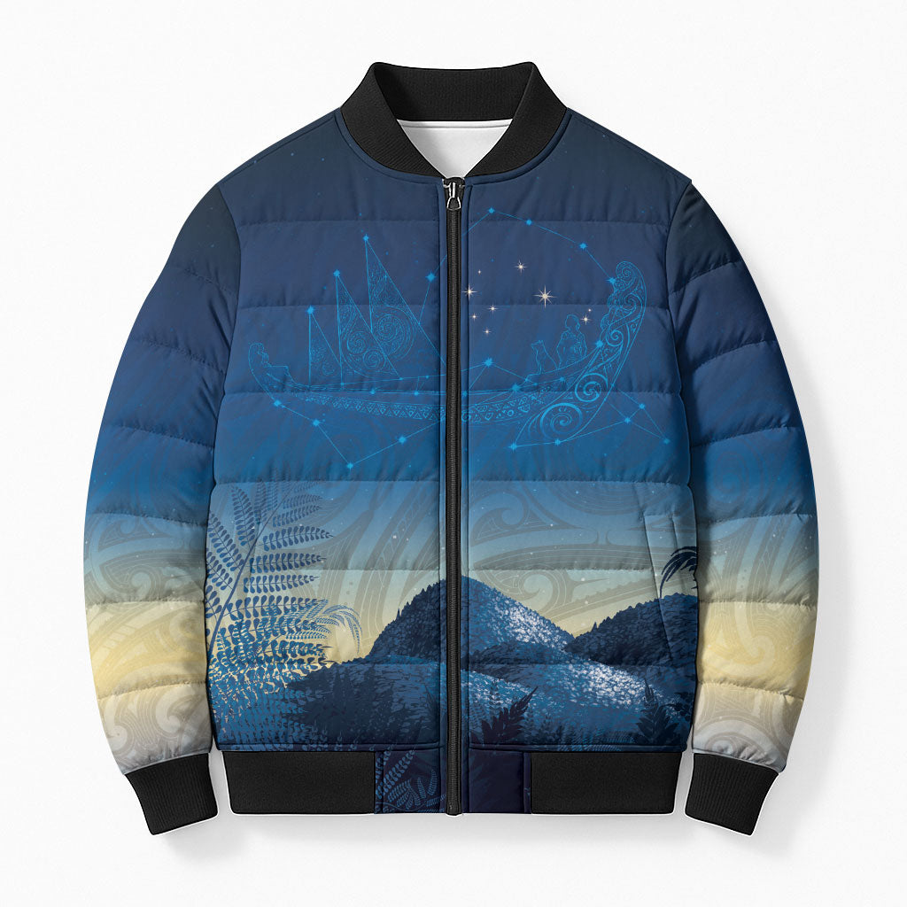 New Zealand Matariki Bomber Puffer Jacket Maori Waka With Silver Fern LT05 Unisex Navy - Polynesian Pride
