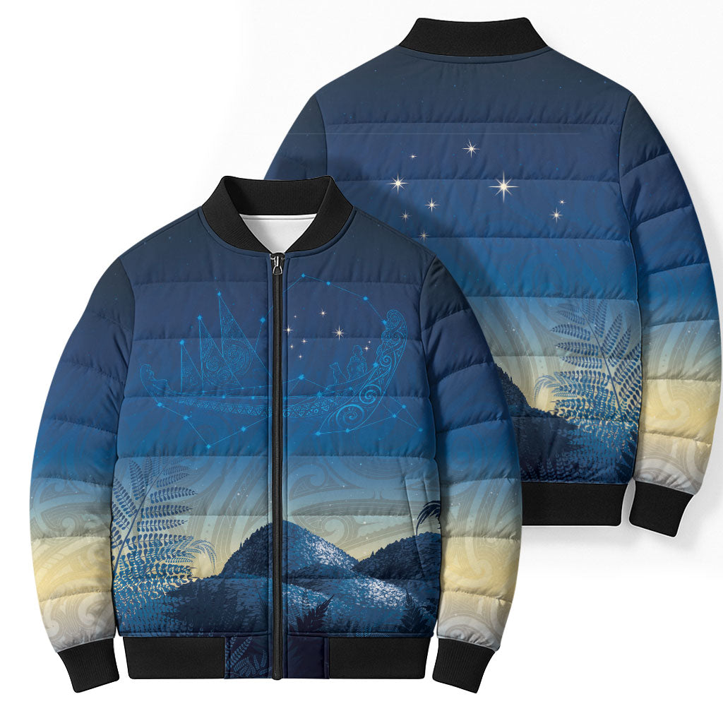 New Zealand Matariki Bomber Puffer Jacket Maori Waka With Silver Fern LT05 - Polynesian Pride