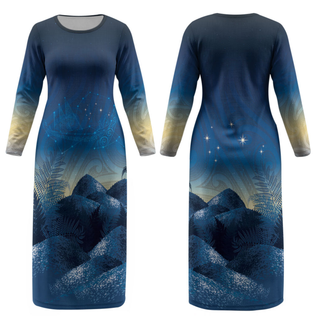 New Zealand Matariki Couples Matching Long Sleeve Bodycon Dress and Long Sleeve Button Shirt Maori Waka With Silver Fern LT05 - Polynesian Pride