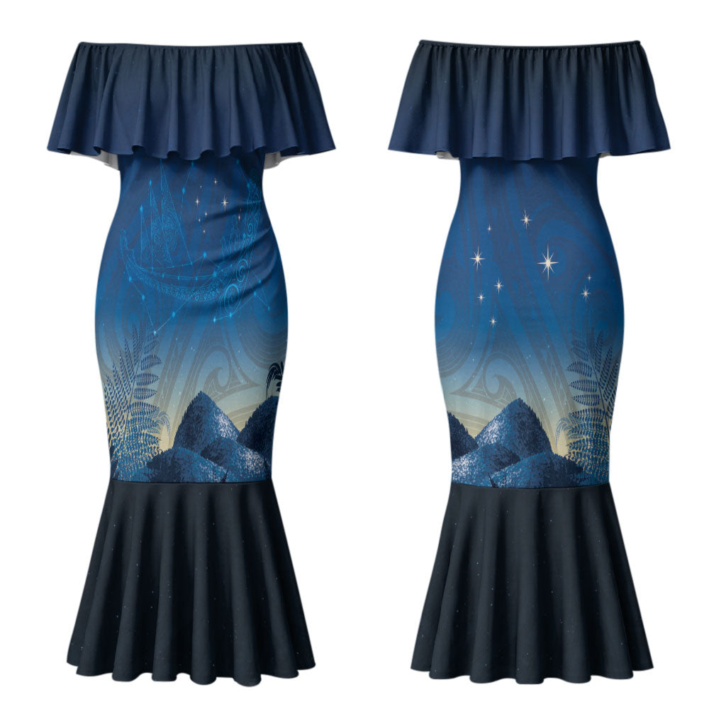 New Zealand Matariki Couples Matching Mermaid Dress and Long Sleeve Button Shirt Maori Waka With Silver Fern LT05 - Polynesian Pride