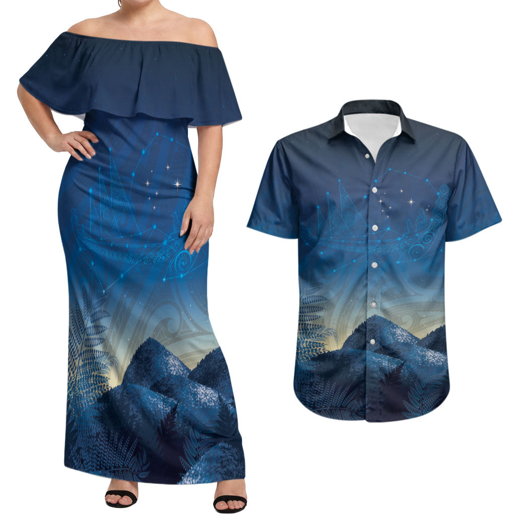 New Zealand Matariki Couples Matching Off Shoulder Maxi Dress and Hawaiian Shirt Maori Waka With Silver Fern LT05 Navy - Polynesian Pride