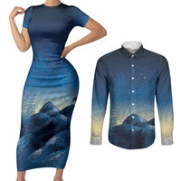 New Zealand Matariki Couples Matching Short Sleeve Bodycon Dress and Long Sleeve Button Shirt Maori Waka With Silver Fern LT05 Navy - Polynesian Pride