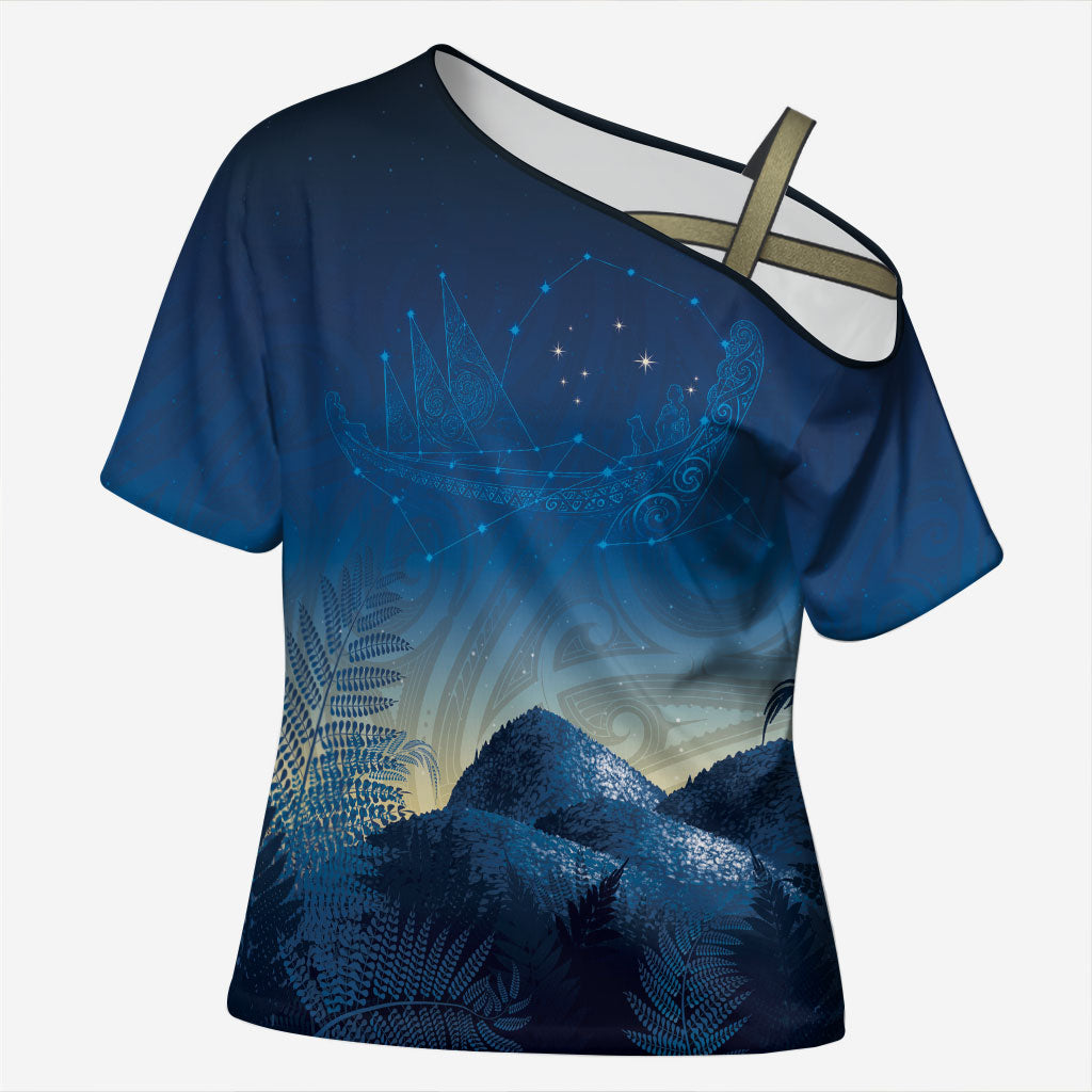 New Zealand Matariki Cross Shoulder Shirt Maori Waka With Silver Fern LT05 Female Navy - Polynesian Pride