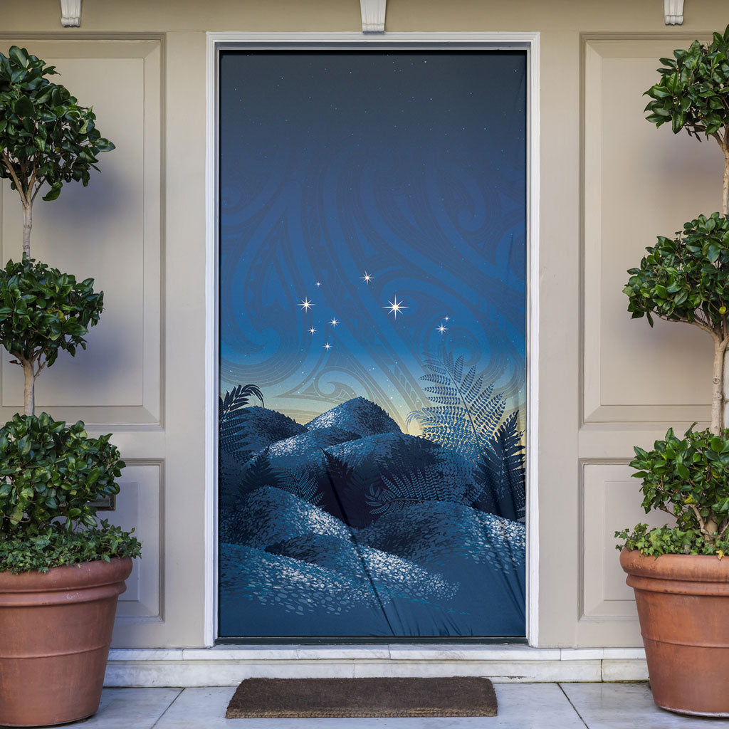 New Zealand Matariki Door Cover Maori Waka With Silver Fern LT05 Navy - Polynesian Pride