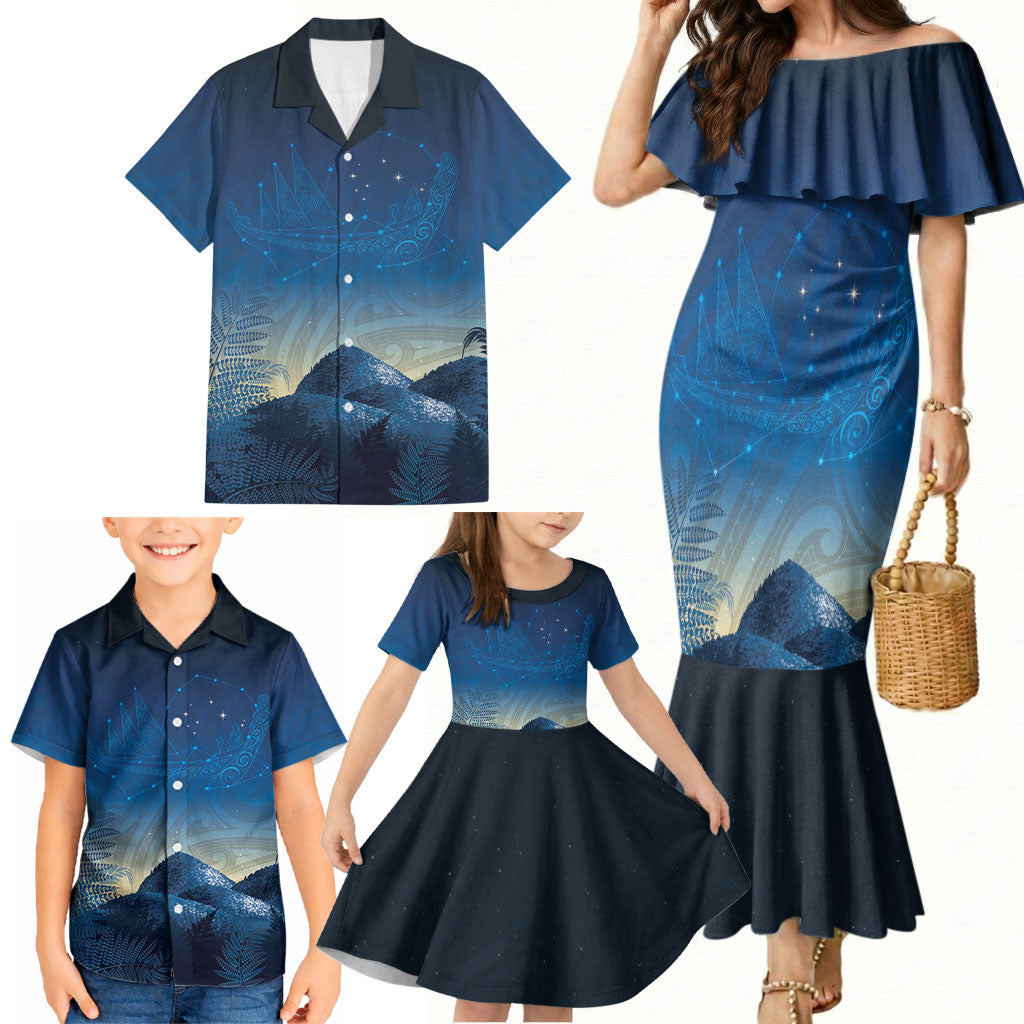 New Zealand Matariki Family Matching Mermaid Dress and Hawaiian Shirt Maori Waka With Silver Fern LT05 - Polynesian Pride