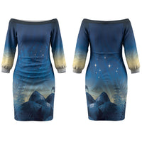 New Zealand Matariki Family Matching Off The Shoulder Long Sleeve Dress and Hawaiian Shirt Maori Waka With Silver Fern LT05 Mom's Dress Navy - Polynesian Pride