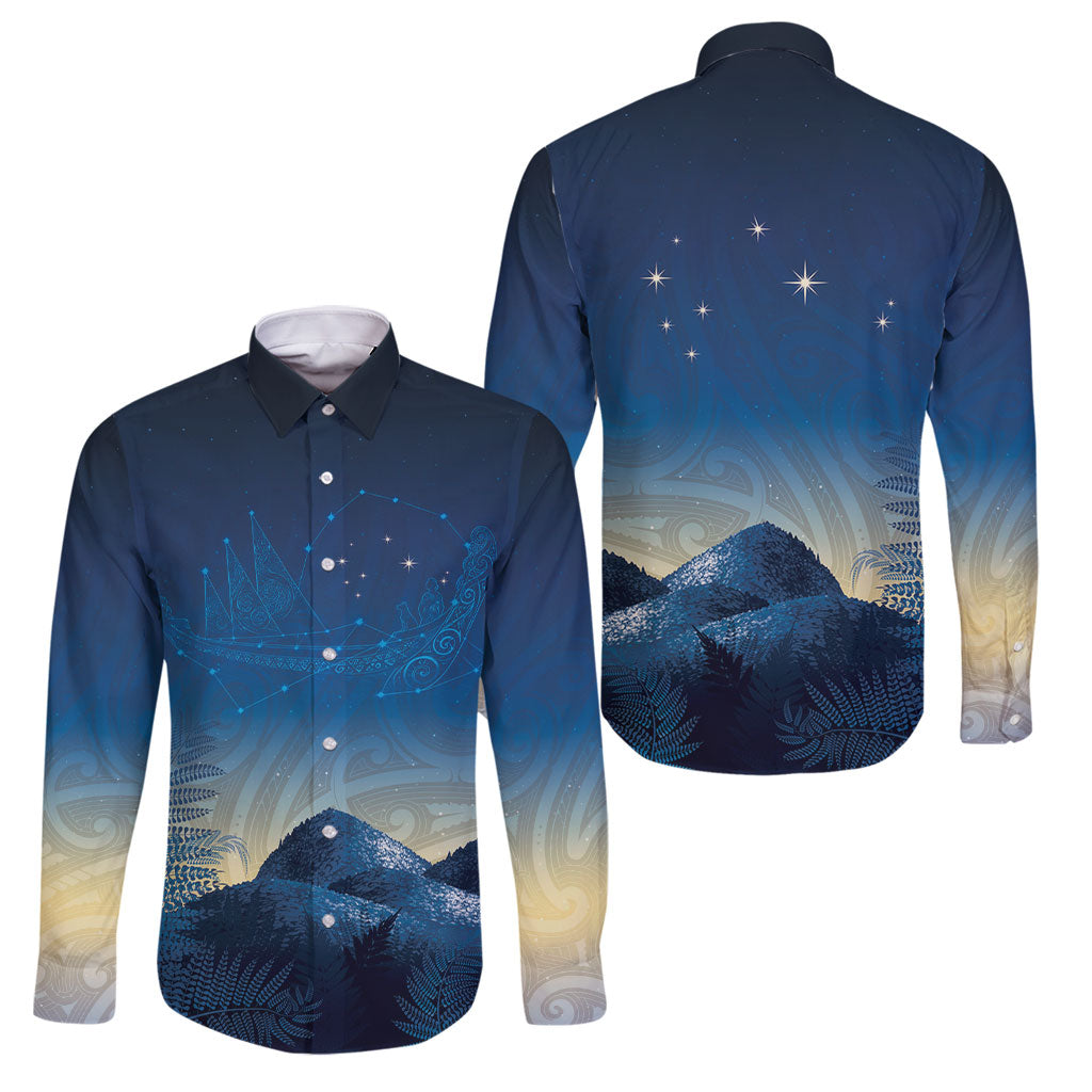 New Zealand Matariki Family Matching Off The Shoulder Long Sleeve Dress and Hawaiian Shirt Maori Waka With Silver Fern LT05 Dad's Shirt - Long Sleeve Navy - Polynesian Pride