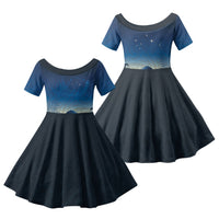 New Zealand Matariki Family Matching Off The Shoulder Long Sleeve Dress and Hawaiian Shirt Maori Waka With Silver Fern LT05 Daughter's Dress Navy - Polynesian Pride