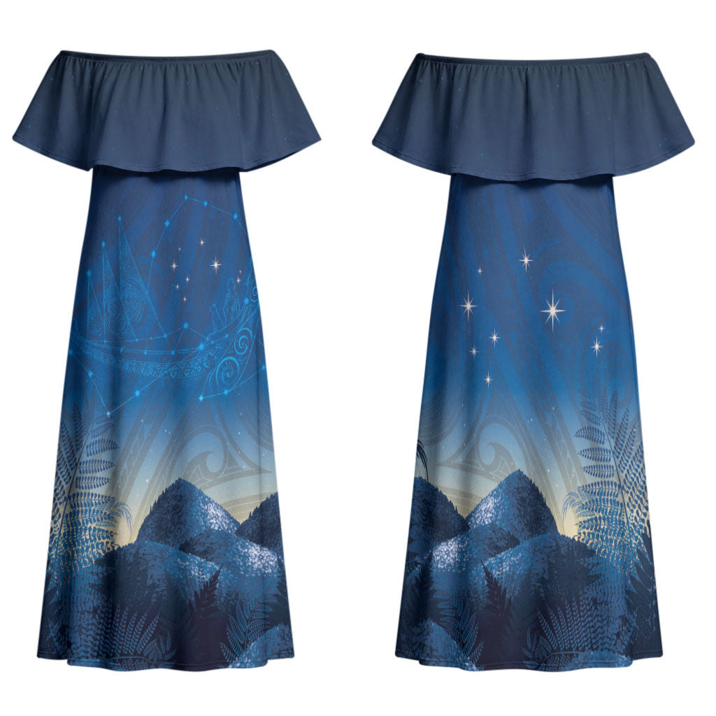 New Zealand Matariki Family Matching Off Shoulder Maxi Dress and Hawaiian Shirt Maori Waka With Silver Fern LT05 Mom's Dress Navy - Polynesian Pride