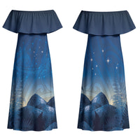 New Zealand Matariki Family Matching Off Shoulder Maxi Dress and Hawaiian Shirt Maori Waka With Silver Fern LT05 Mom's Dress Navy - Polynesian Pride