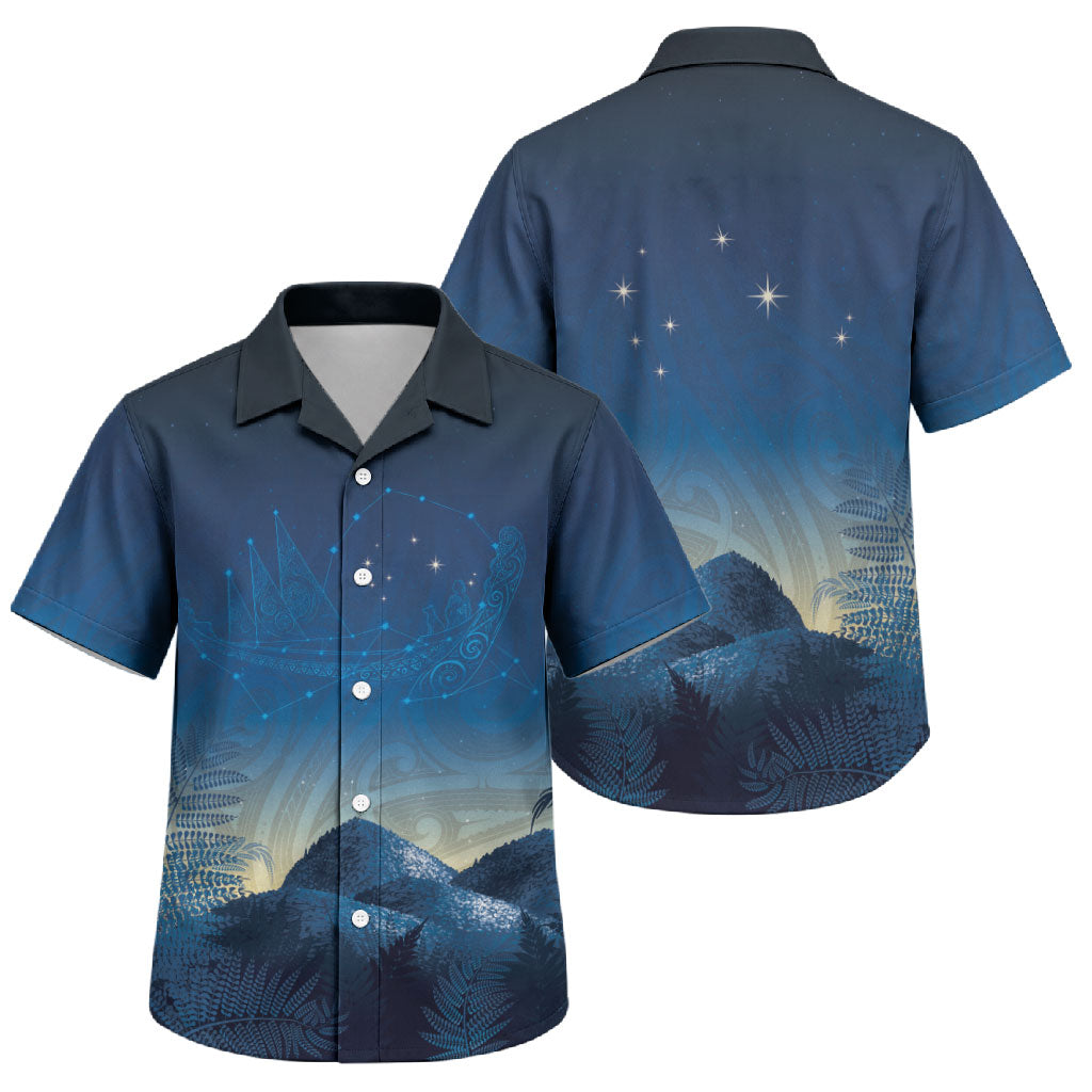 New Zealand Matariki Family Matching Off Shoulder Maxi Dress and Hawaiian Shirt Maori Waka With Silver Fern LT05 Son's Shirt Navy - Polynesian Pride