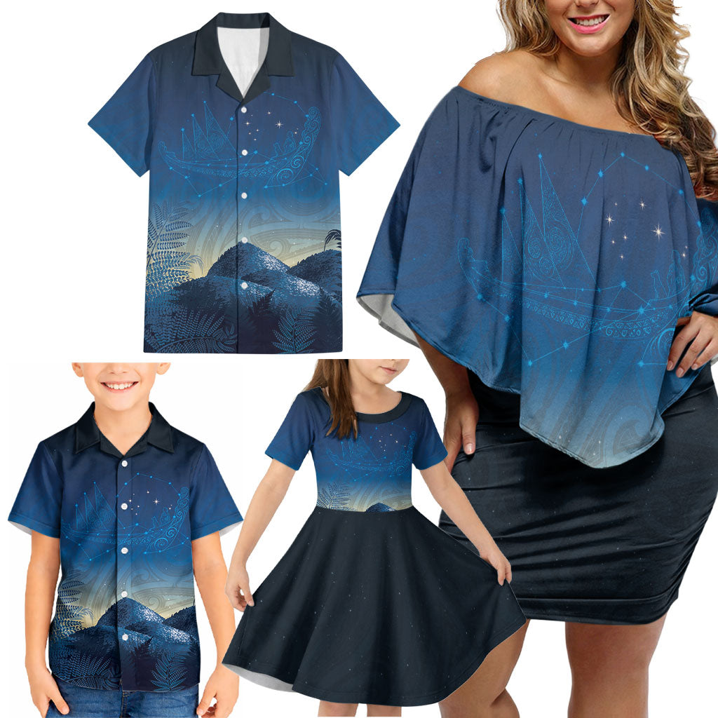New Zealand Matariki Family Matching Off Shoulder Short Dress and Hawaiian Shirt Maori Waka With Silver Fern LT05 - Polynesian Pride