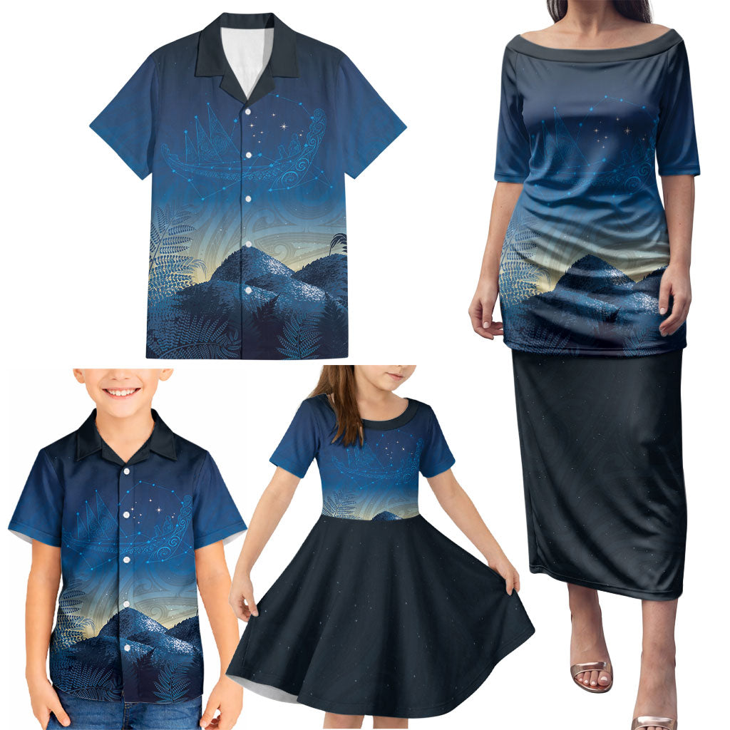 New Zealand Matariki Family Matching Puletasi and Hawaiian Shirt Maori Waka With Silver Fern LT05 - Polynesian Pride