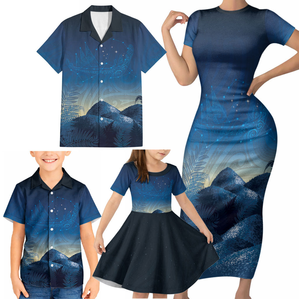New Zealand Matariki Family Matching Short Sleeve Bodycon Dress and Hawaiian Shirt Maori Waka With Silver Fern LT05 - Polynesian Pride