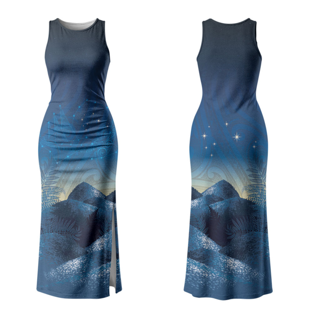 New Zealand Matariki Family Matching Tank Maxi Dress and Hawaiian Shirt Maori Waka With Silver Fern LT05 Mom's Dress Navy - Polynesian Pride