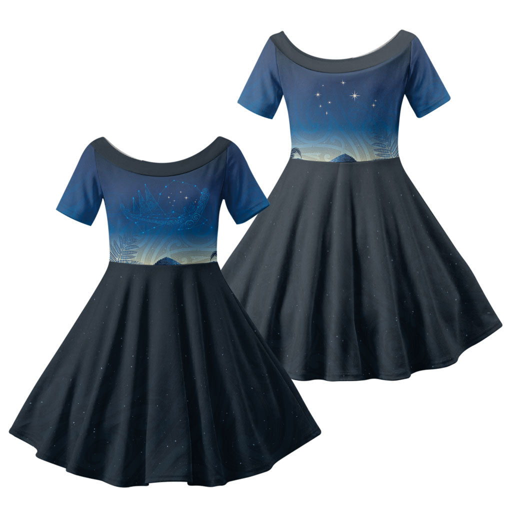 New Zealand Matariki Family Matching Tank Maxi Dress and Hawaiian Shirt Maori Waka With Silver Fern LT05 Daughter's Dress Navy - Polynesian Pride