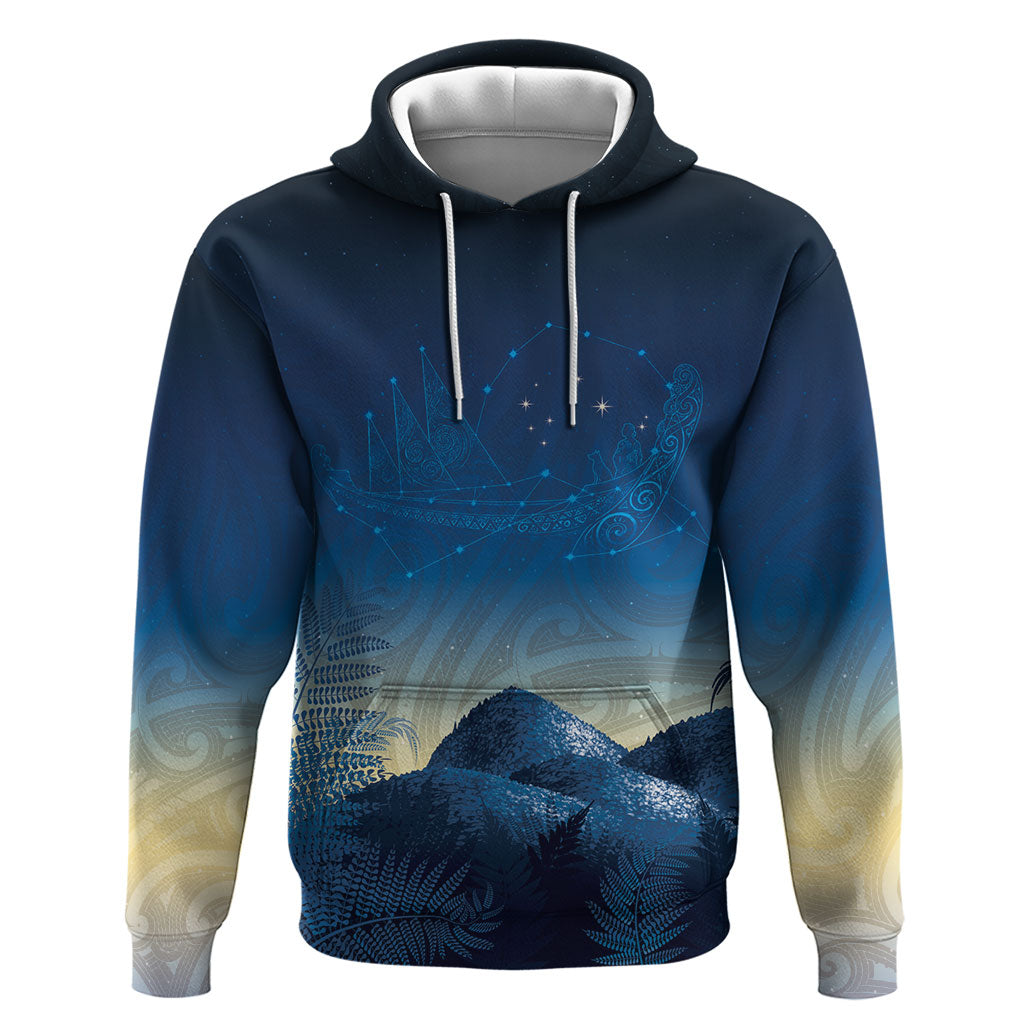 New Zealand Matariki Hoodie Maori Waka With Silver Fern LT05 Pullover Hoodie Navy - Polynesian Pride