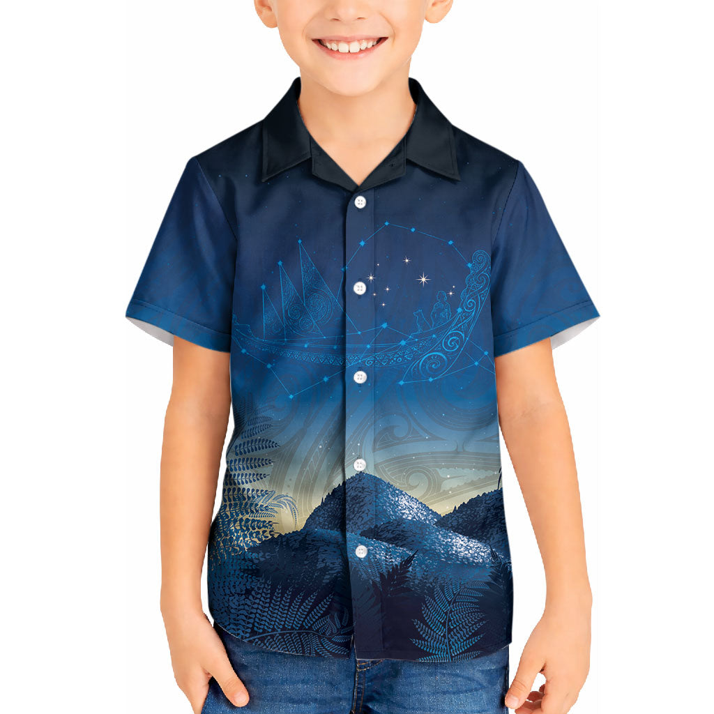 New Zealand Matariki Kid Hawaiian Shirt Maori Waka With Silver Fern LT05 Kid Navy - Polynesian Pride