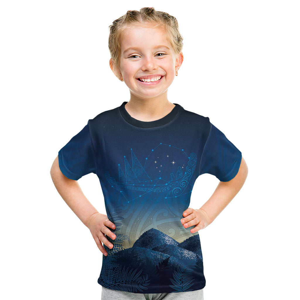 New Zealand Matariki Kid T Shirt Maori Waka With Silver Fern LT05 Navy - Polynesian Pride