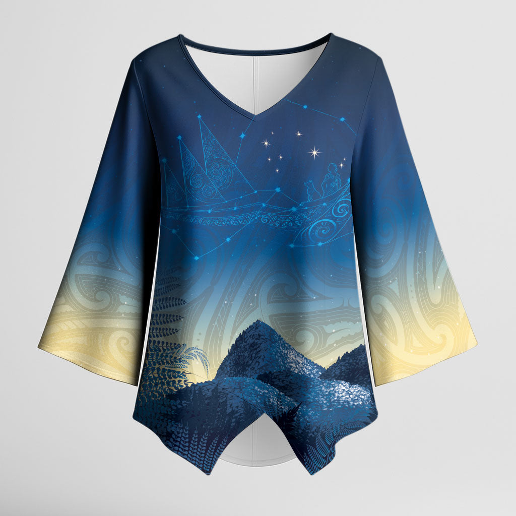New Zealand Matariki Kimono Sleeve Blouse Maori Waka With Silver Fern LT05 Female Navy - Polynesian Pride