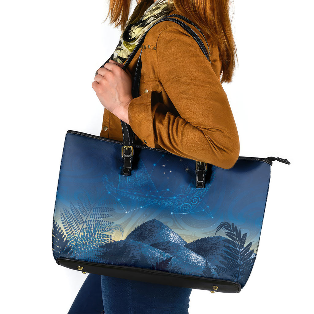 New Zealand Matariki Leather Tote Bag Maori Waka With Silver Fern LT05 Navy - Polynesian Pride